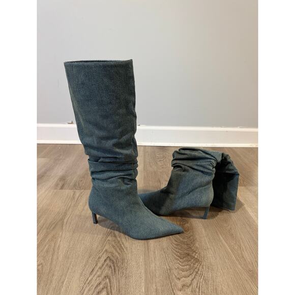 ZARA Slouchy Denim Kitten Heel Boots Size 8.5 – Pointed Toe Mid-Calf Booties - Picture 5 of 10